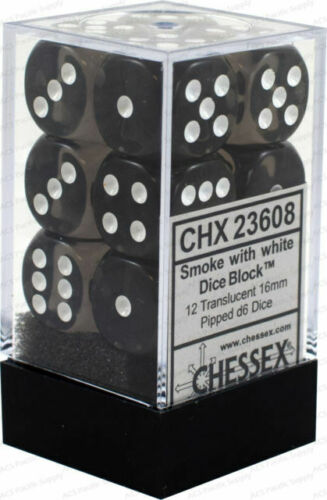 D6 -- 16MM TRANSLUCENT DICE, SMOKE/WHITE; 12CT