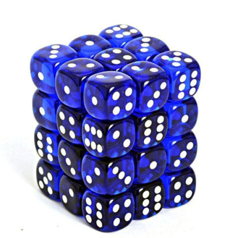 D6 -- 12MM TRANSLUCENT DICE, BLUE/WHITE; 36CT