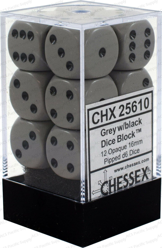 D6 -- 16MM OPAQUE DICE, DARK GREY/BLACK, 12CT