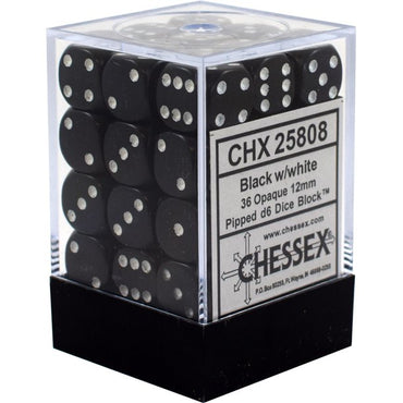 D6 -- 12MM OPAQUE DICE, BLACK/WHITE, 36CT