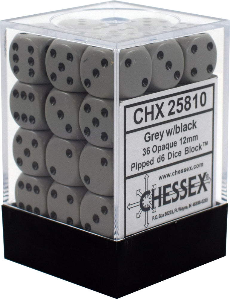 D6 -- 12MM OPAQUE DICE, GREY/BLACK, 36CT