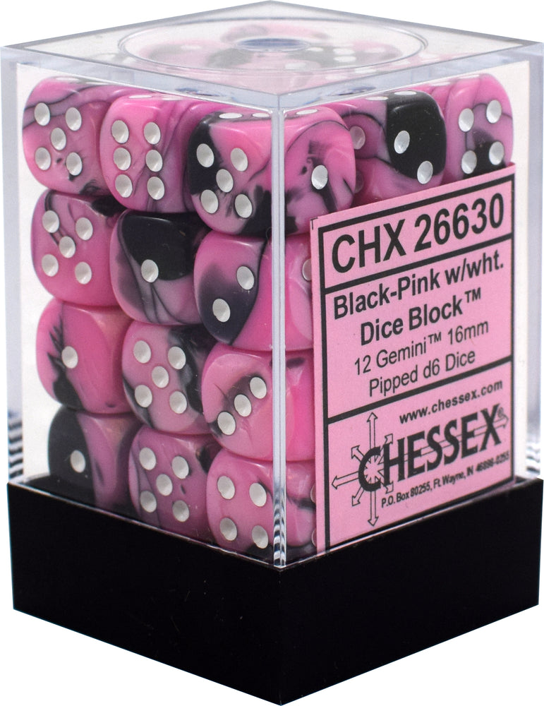 D6 -- 12MM GEMINI DICE, BLACK-PINK/WHITE; 36CT