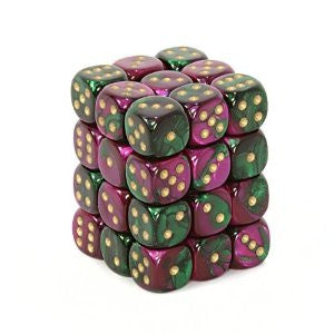 D6 -- 12MM GEMINI DICE, GREEN-PURPLE/GOLD; 36CT