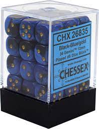 D6 -- 12MM GEMINI DICE, BLACK-BLUE/GOLD; 36CT