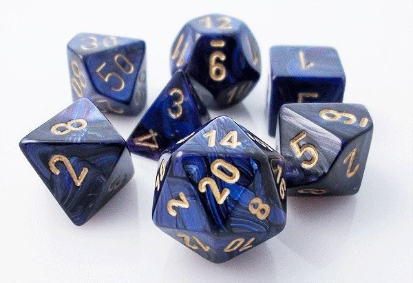 7CT SCARAB POLY DICE SET, ROYAL BLUE/GOLD