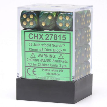 D6 -- 12MM SCARAB DICE, JADE/GOLD, 36CT