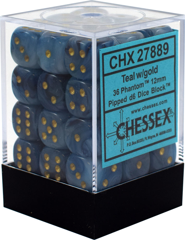 D6 -- 12MM PHANTOM DICE, TEAL/GOLD, 36CT